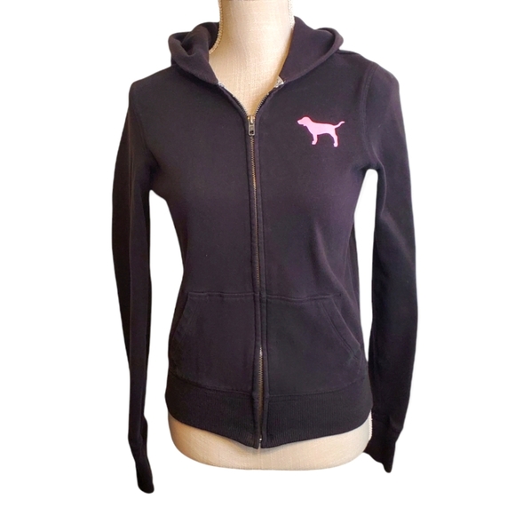 PINK VS | Women's black Pink brand graphic back zipper-front hoodie. Size small. - Picture 2 of 9